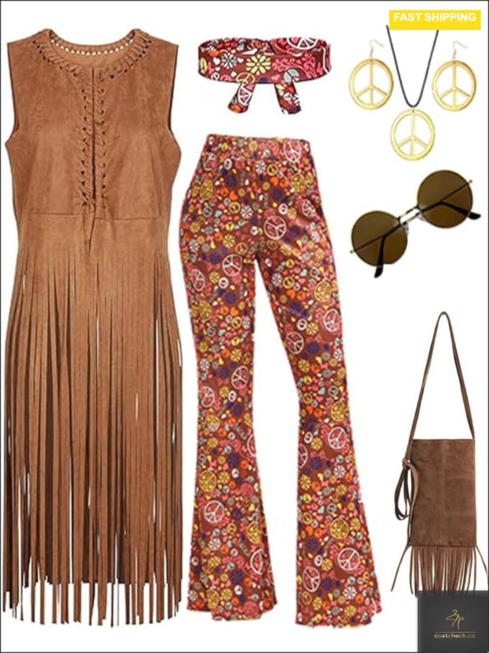 Women's 70s Hippie Costume, Fringe Vest & Floral Flare Pants Set